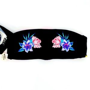 PINK-Size XS-Pink VS Black with Embroidered Flowers Halter Top, tie back/straps